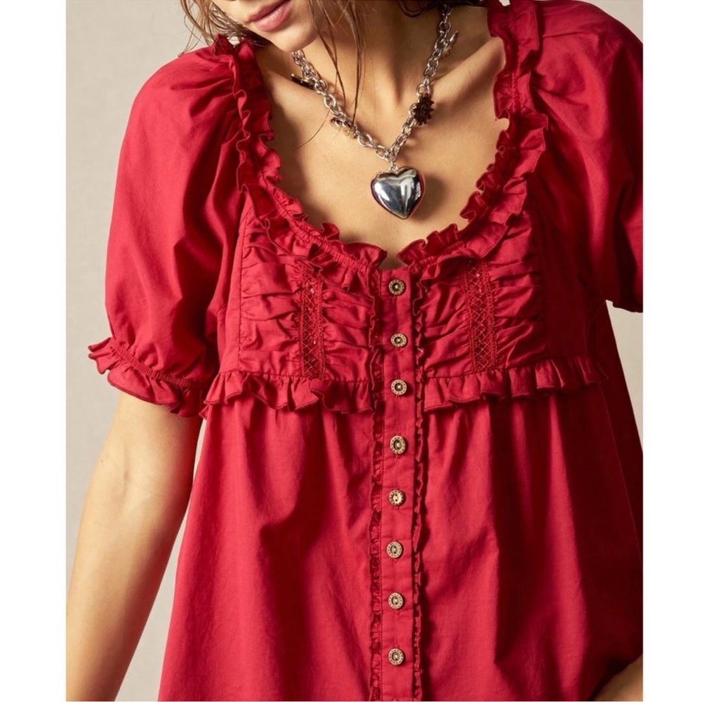 Solid Red Ruffle Puff Sleeve Button Down Oversize… - image 3